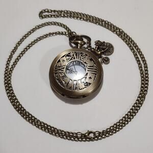 Genuine Bronze Pocket Watch Alice In Wonderland W/ Charm Christmas Birthday Gift